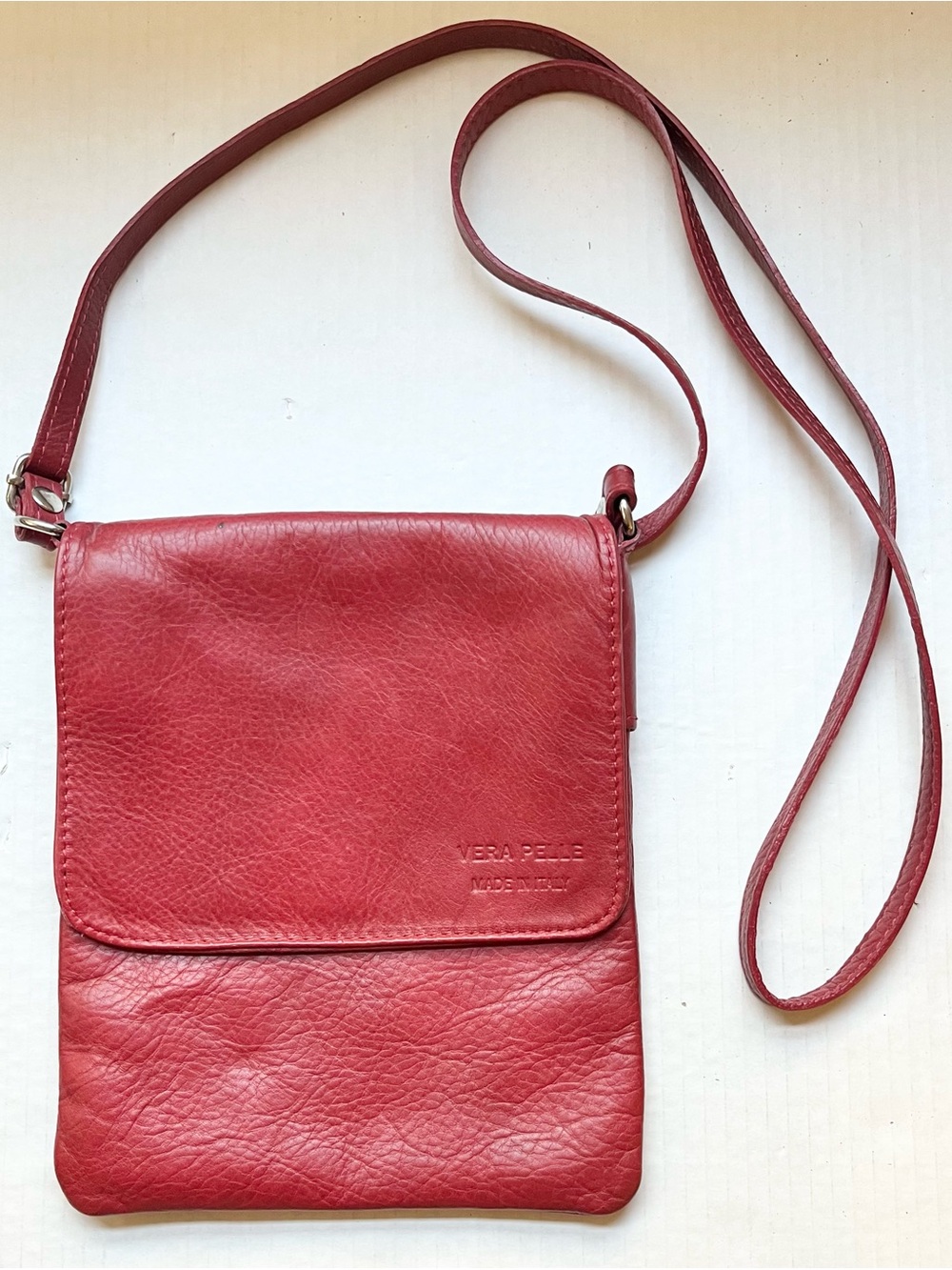 Vera Pelle Red Leather Top Flap Crossbody Bag 7 1/2” x 9”